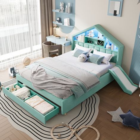Lit d'enfant, couleur bleu-vert, lit rembourré en forme de maison avec toboggan montable à gauche ou à droite, éclairage LED, prise de recharge, lit cabane, 140x200 cm, lit cabane enfants (1/5)