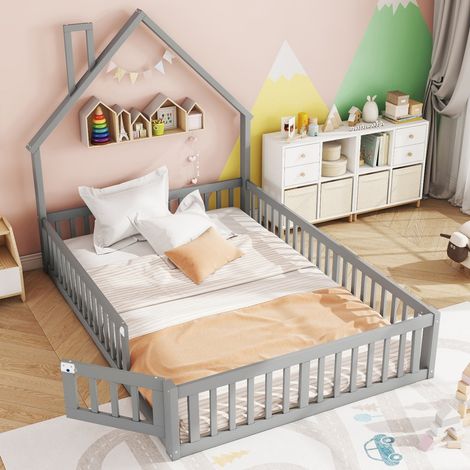 Lit enfant cheminée 140 x 190 cm avec sommier à lattes, pin gris, style minimaliste (sans Matelas) (1/5)