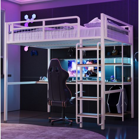 DESVIAE Lit mezzanine en métal 140 x 200 cm avec bureau et étagères échelle sécurisée garde corps en grille blanc (1/5)