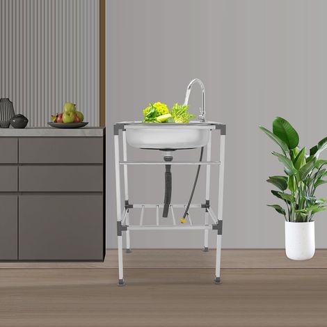 Waschbecken aus Edelstahl, 53 x 38 x 83 cm, mit Wasserhahn und Gartenschlauch, Geschirrspüler, geeignet für Küche, Esszimmer, Wäscherei, Café, Garage, Garten usw.