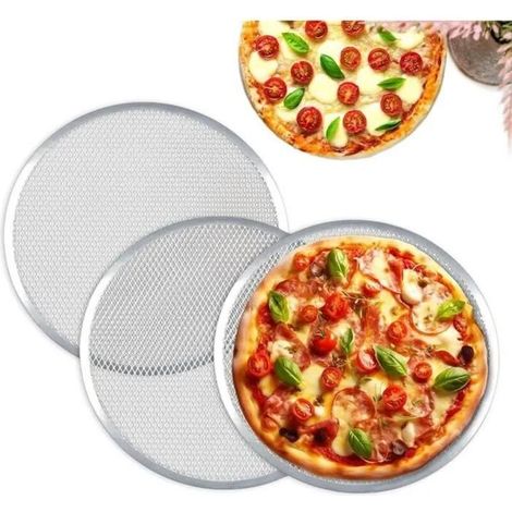 Lot de 3 Grille �� Pizza 33 CM, Plaque �� Pizza en Aluminium, Plat Pizza Rond pour Pizza, Grille de Barbecue Label
