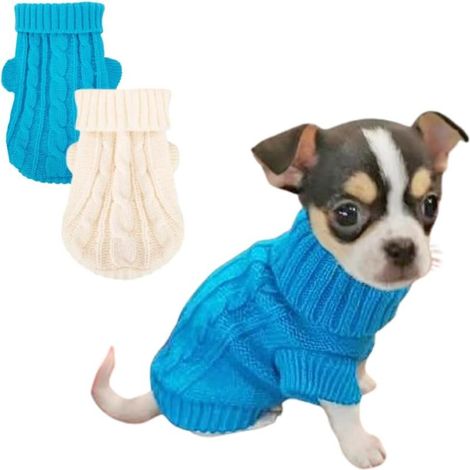 Lot de 2 vêtements pour chien, pull à col roulé en maille (Bleu + Blanc, XXS-4) (1/5)