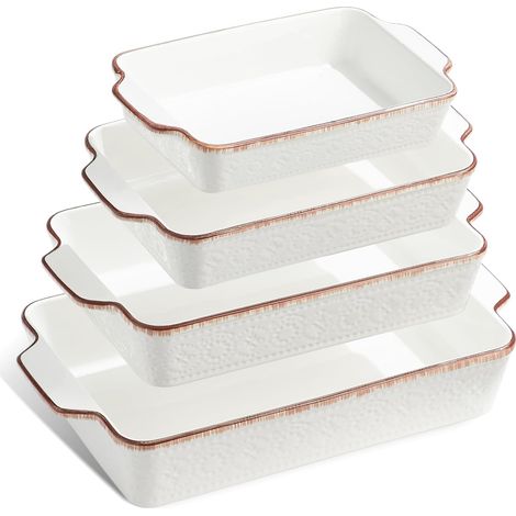 Lot de 4 plats à gratin en céramique avec poignées, Plats à cuisson rectangulaires, Plat à lasagnes pour gâteaux, repas et banquets, Compatibles lave-vaisselle et four (1/5)