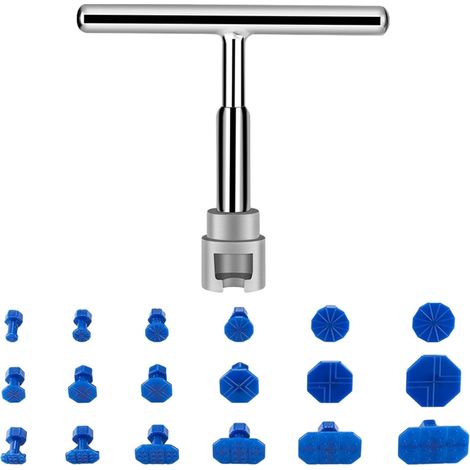 Kit de réparation de bosses de voiture en 19 pièces - Sans carrosserie - Extracteur de bosses - Comprend un extracteur de bosses en T et 18 languettes de débosselage - Argent et bleu (1/5)