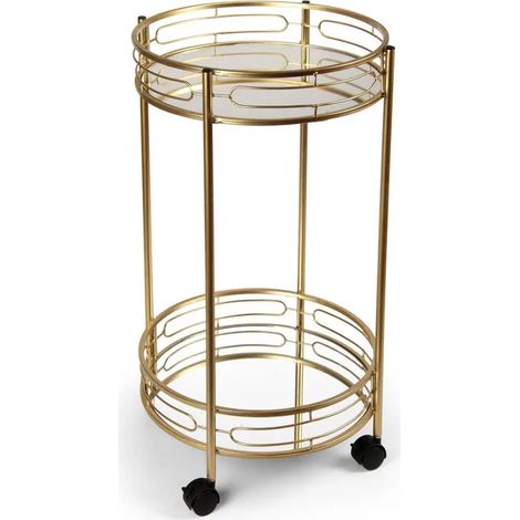 Carrito redondo de metal dorado con 2 estantes y ruedas 38x68 cm