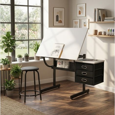 Mesa de dibujo regulable 35,43x23,62" con 3 cajones de almacenaje y taburete, metal blanco (1/5)