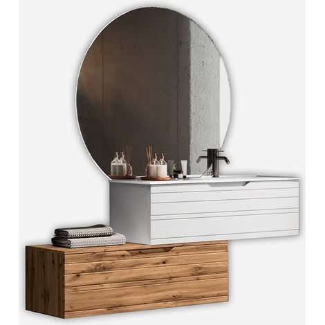 Hängender Badschrank mit Waschbecken und LED-Spiegel Solmira - Eiche