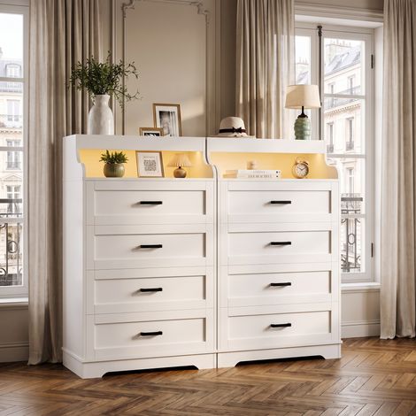 Kommode schlafzimmer 73x39.5x114 cm mit 4 schubladen und offenem fach - moderner schrank mit rgb-led für wohnzimmer - weiß (1/5)