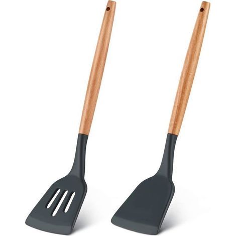 Lot de 2 spatules à fentes en silicone avec manche en bois, résistantes à la chaleur (1/5)