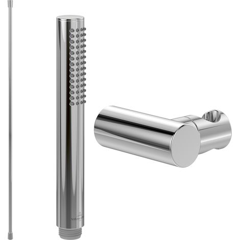 Villeroy & Boch Verve Showers Handbrause-Set (3 in 1 Bundle), bestehend aus Duschkopf Stab inkl. Handbrausehalter (rund) und Handbrauseschlauch 1,60m, Chrom