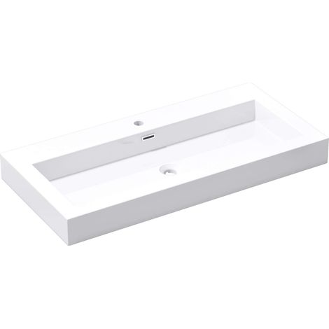 doporro Lavabo da Appoggio Rettangolare, Lavabo Bagno Sospeso con Foro Rubinetto e Troppopieno in Marmo Resina Bianco Lucido, Lavandino Bagno 100x48x10cm Colossum18 (1/5)