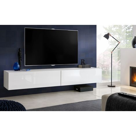 Meuble banc TV Loreto 200 cm – Façade brillante blanche – Corps mat blanc – Style moderne minimaliste – Rangement pour équipements audiovisuels (1/4)