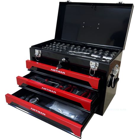 Boîte casier rangement outils portable trois niveaux fermetures métalliques garage établi 50x27x35cm - Noir et rouge (1/5)