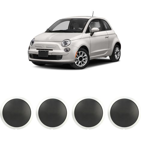 Vier Chrom-Radkappen in verschiedenen Farben erhältlich, 68078419AC. Kompatibel mit FIAT 500 2007–2019, weiße Felgen und weiße Schrift. (1/5)