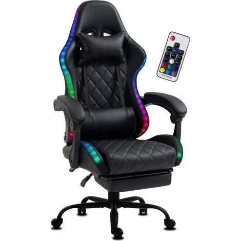 Chaise Gaming Ergonomique LED RGB en Similicuir avec Repose-Pieds noir