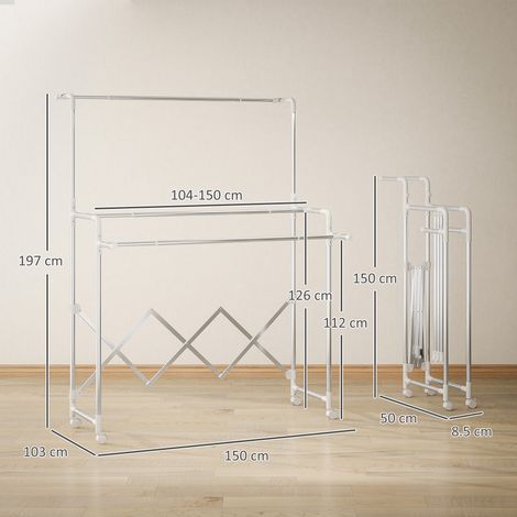 Étendoir à linge pliable avec 3 barres réglables, roulettes pivotantes et structure en acier inoxydable, argent (1/5)