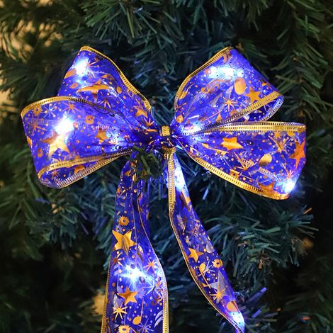 Guirlande lumineuse LED « ruban de Noël » pour sapin de Noël, guirlande en satin, ruban bleu de 5 cm (lumière blanche), 5 mètres, 50 ampoules (boîtier à piles avec 3 sections clignotantes) (1/3)