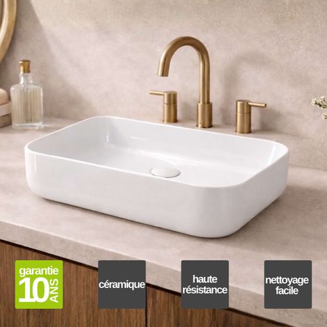 Vasque à poser rectangulaire en céramique blanc brillant L50 x l39 x Profondeur 13 cm – SANIZEO Quimera - Idéale pour salle de bain moderne (1/5)