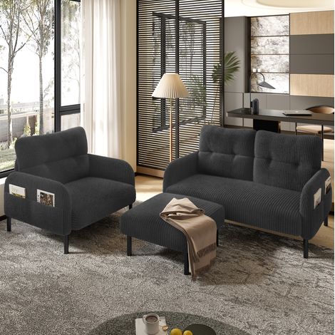 Ensemble canapé 3 pièces 120/75/79 cm en velours côtelé gris avec poche latérale et structure stable (1/5)