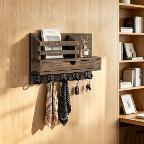 Porte-Clés Mural, Porte Courrier Mural avec 5 Crochets et Tiroir de Rangement, Etagère Murale pour Porte-clés pour Salon, Couloir, Bureau - Marron (1/5)