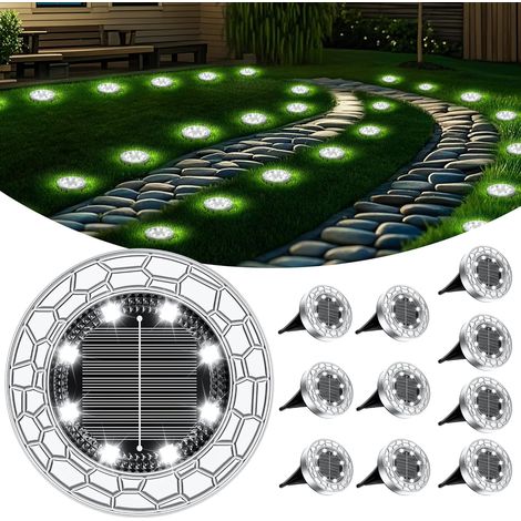 10 Piece Lampe Solaire Exterieur, 8 LED Lumiere Solaire Exterieur, Stainless Steel LED Lampe Solaire Exterieur Jardin, for Lawn, Driveway, Sidewalk, Patio, Blanc Froid [Classe énergétique G] (1/5)