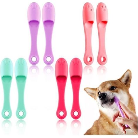 Lot de 8 brosses à dents pour chien - Brosse à dents pour chien - En silicone - petits chiens et chats - Longue poignée incurvée