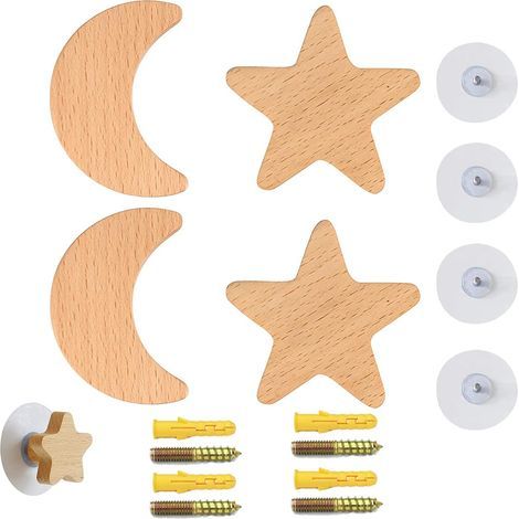 Crochet Mural en Bois 4PCS Auto-Adhésif Decoration Crochets Armoire Forme d’étoile Lune Cintre de Manteau vêtements Suspendus Chapeau Echarpes et Casque pour Chambre Salon Couloir (1/5)