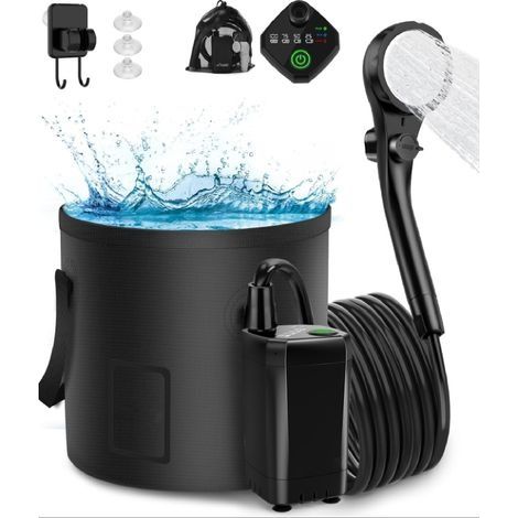 Douche de camping portable , pompe de charge pour douche électrique d'extérieur avec seau pliable de 20 L , pommeau de douche de camping , convient pour le camping , la randonnée , les voyages et le n (1/4)
