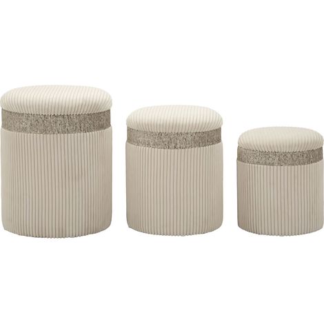 Set 3 Pouf Contenitore Cortina Crema - Set 3 pezzi in MDF e tessuto con spazio interno, design moderno, pratico e salvaspazio