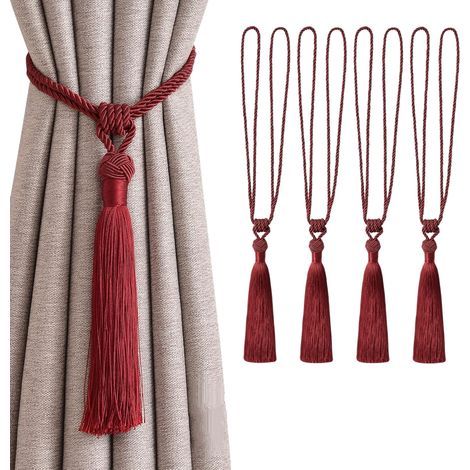 Attaches de rideaux à pompons pour décoration de fenêtre de bureau ou de maison (rouge, lot de 4)