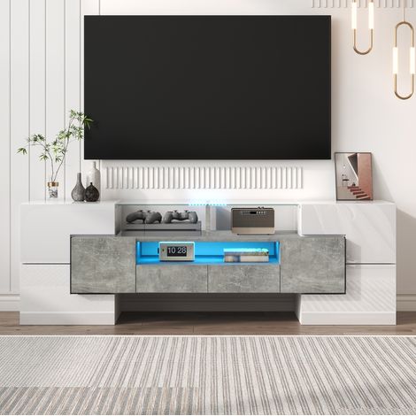 TV-Schrank 145x30x51 cm weiß in Holzwerkstoff mit LED-Beleuchtung und viel Stauraum (1/5)