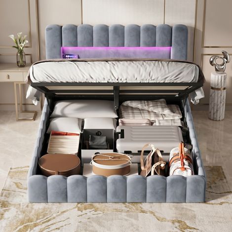 BLANKETSWARM - Lit coffre 180 x 200  cm avec sommier, lit adulte double 180x200  cm - Ports USB et LED réglables - Velours Gris (1/5)