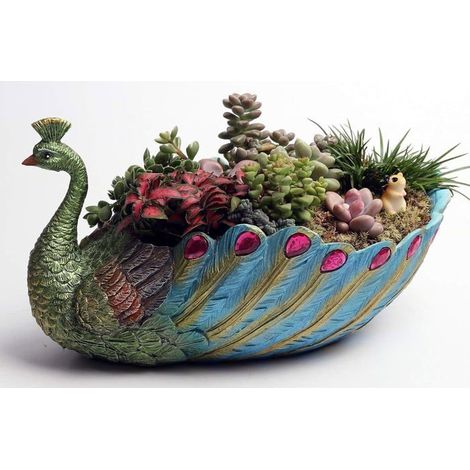 Pot de fleurs décoratif - Motif paon - 24 cm - Base en résine - Grand format - Trou de drainage - Artisanal - Incassable (1/4)