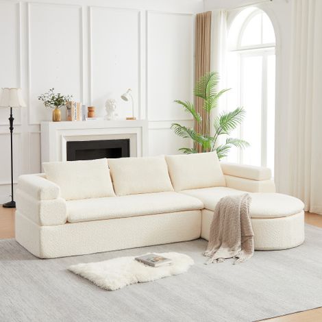 Canapé d’angle modulable 3 places, canapé en L en chenille avec assise mousse rembourré pour appartement et coin détente cosy Beige (1/5)
