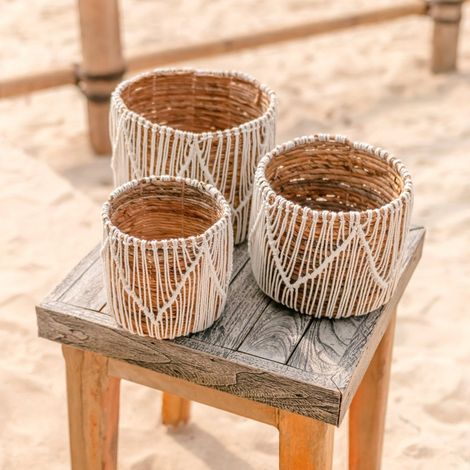 Petit panier en jonc de mercache-pot rond tressé style bohème pour plantes et fleurs - PANGIVO