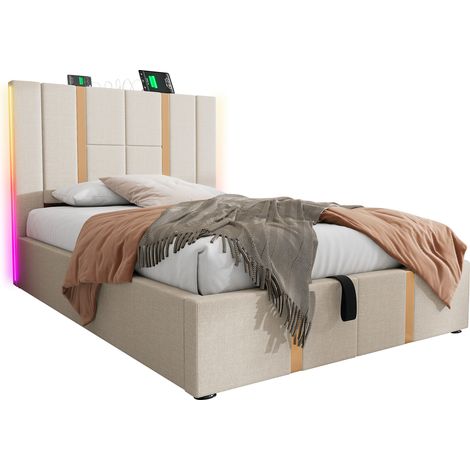 Lit Coffre Lit Simple avec USB, Type-C et LED Réglable 90 × 200 cm, sans Matelas, en Lin Beige (1/4)