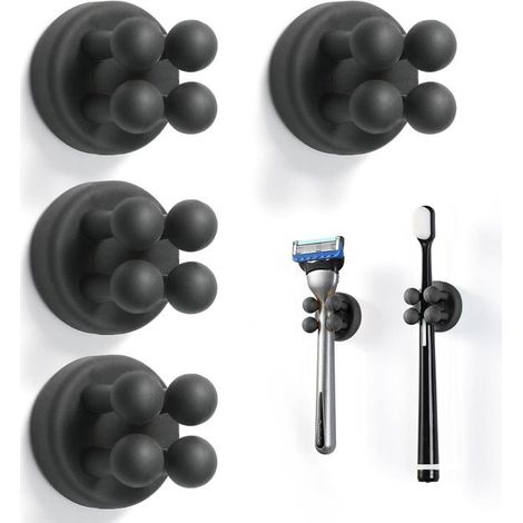 04er-Set Zahnbürstenhalter fürs Badezimmer, multifunktionaler Haken, einfache Zahnbürstenablage (schwarz)