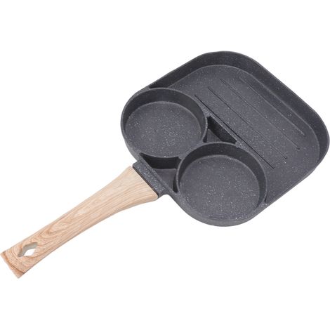 Poêle à œufs ronde à 2 compartiments, antiadhésive, avec manche en bois, compatible avec les plaques à induction et à gaz. (1/5)