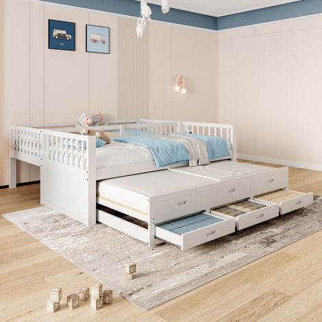 Lit superposé 90x200 cm, lit enfant maison fille garçon, sommier en pin et MDF avec échelle, tiroir coulissant et 3 tiroirs, sans matelas, blanc (1/5)