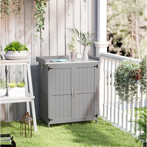 Armadietto da giardino 74x43x88 cm grigio in legno e acciaio inox con doppia funzione e ante doppie (1/4)