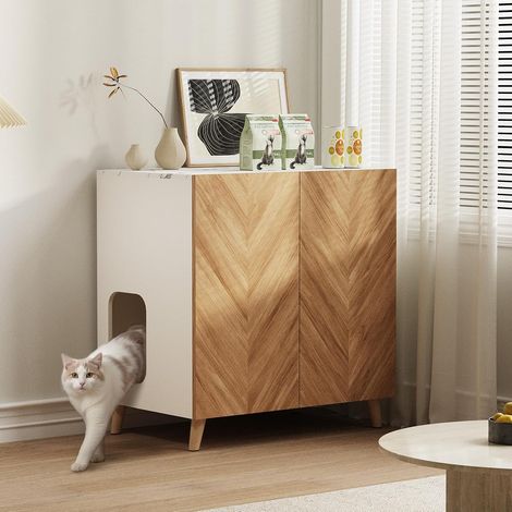 Cat Litter Enclosure, Hidden Wooden Litter Cabinet with Double Entry and Ventilation Holes, Indoor Herringbone House, Cat Cabinet, White (1/5)