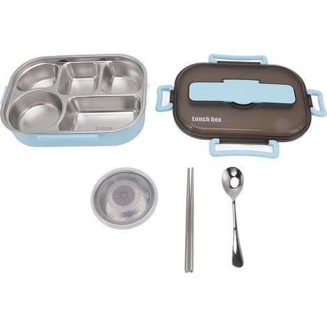 Boîte à lunch isotherme en acier inoxydable avec bol à soupe, baguettes et cuillère, pour adultes et enfants (bleu). (1/5)