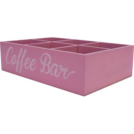 Boîte rangement café en bois de paulownie, organisateur bar café comptoir, distributeur dosettes café sachets thé, 6 compartiments, rose, 730g (1/5)