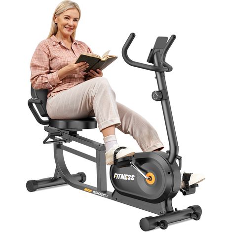 Vélo ergomètre allongé pour usage domestique avec 16 niveaux de résistance réglables, écran LCD, capteurs de fréquence cardiaque et dossier réglable, capacité de charge de 180 kg