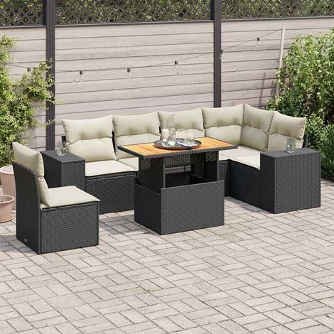 Set de sofás de jardín 7 pzas con cojines ratán sintético negro vidaXL (1/5)