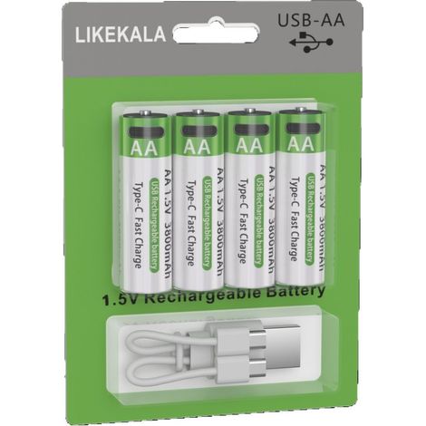 Piles AA rechargeables, piles au lithium à tension constante 1,5 V de type USB-C pour la télécommande. (1/4)