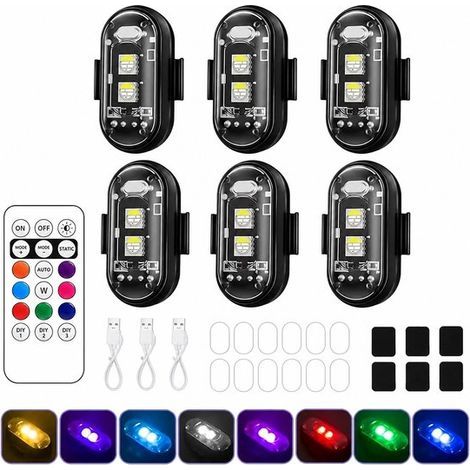 Feux stroboscopiques pour voiture - Lot de 6 - Lot de 6 - 8 couleurs et 10 modes - Noir - avec télécommande - Feux stroboscopiques RGB pour drone (1/5)