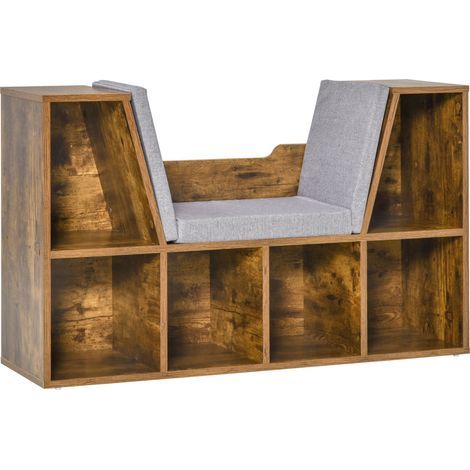 Bibliothèque banc 2 en 1 avec coussins de siège, étagère cube 6 compartiments ouverts, 102 x 30 x 61 cm, brun rustique (1/5)