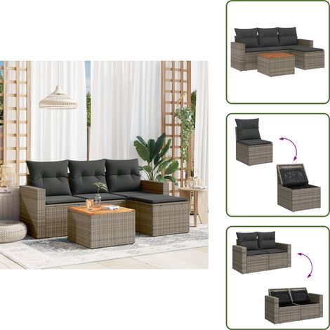 The Living Store Salon de jardin 5 pcs avec coussins gris résine tressée - Ensemble Salon De Jardin - Mobilier Extérieur - Jardin Design - Chaise Lounge - Pouf Pliable
