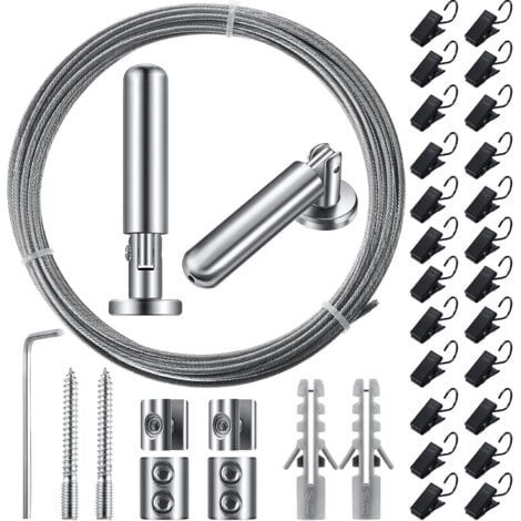 Tringle à rideau en fil métallique de 5 m (196 pouces) avec 24 clips réglables pour rideaux, décoration murale, photo, artisanat, fenêtre (1 ensemble) (1/5)
